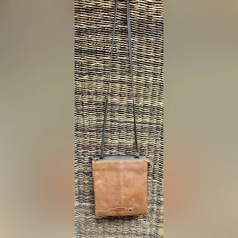 Chala-Brown Crossbody Bag with Floral Embroidery, 9”x10”, Clean inside,back fade - Picture 9 of 10